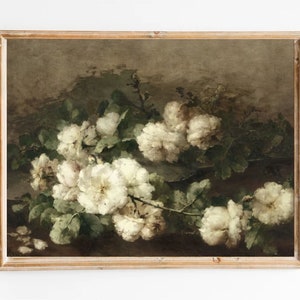 White Roses Vintage Oil Painting Print: Moody Botanical Still Life