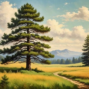 Vintage Pine Tree Art Print: Mountain Valley Landscape Poster