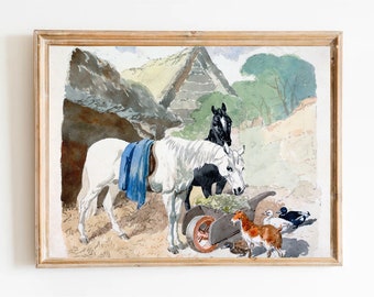 Two Horses Eating From A Wheel Barrow Watched By A Goatand Three Ducks-by John Frederick Herring 1850 Vintage Painting Print Farm Animal Art