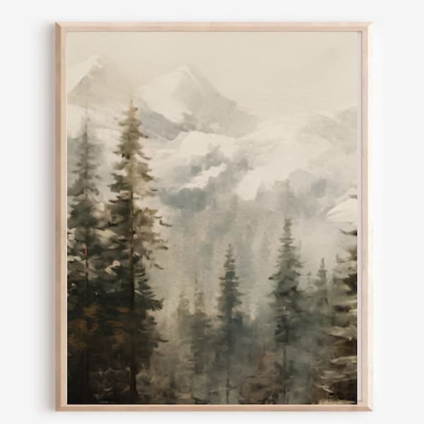 Impresión artística de pintura al óleo vintage de las Montañas Rocosas: Paisaje brumoso de un bosque de pinos