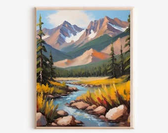 Pode incluir: Uma pintura de uma paisagem montanhosa com um rio fluindo através dela. As montanhas são uma mistura de marrom, verde e branco, com neve nos picos. O rio é de cor azul claro e é cercado por árvores verdes e grama amarela.