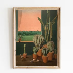 Kaktus Malerei Sukkulenten Vintage Kunstdruck Antikes Kaktus Poster Kaktus Stillleben Kunst Kaktus in Töpfen Druck Neutral Blumen Vintage Poster