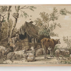 Farm Animals Vintage Sketch Art Print: Cow, Sheep & Goats