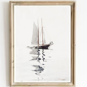 Sailboat Painting Vintage Sketch Print Abstract Sailboat in Sea Wall Art-Minimalist Seascape Print-Black and White Seascape Vintage Sketch