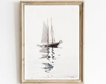 Vintage Sailboat Sketch Print: Minimalist Black and White Seascape Art