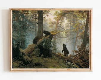 Bears in Pine Forest Art Print: Vintage Woodland Landscape
