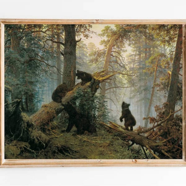 Impression d'art ours peignant des ours dans une forêt de pins de « Une matinée dans une forêt de pins » de 1889 par Ivan Shishkin, peinture à l'huile vintage paysage forestier