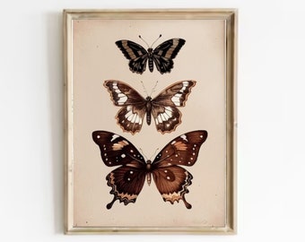 Tableau papillons, impression d'art papillon, impression d'art vintage, peinture à l'huile, impression d'insectes, tableau botanique vintage, trois papillons muets, grande affiche