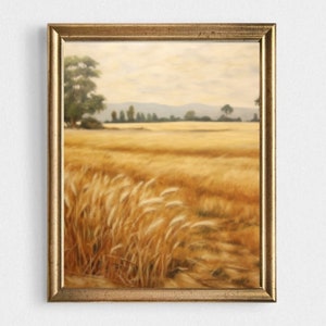 Wheat Field Oil Painting Print: Fall Farmhouse Landscape Art