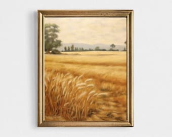 Wheat Field Oil Painting Print: Fall Farmhouse Landscape Art
