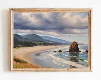 Könnte beinhalten: Ein gerahmtes Gemälde, das eine Küstenlandschaft mit einer großen Felsformation im Vordergrund, einem Sandstrand und einer Baumreihe im Hintergrund zeigt. Der Himmel ist bewölkt und das Wasser ist blau.