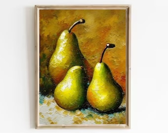 May include: Three green pears with brown stems are arranged on a white and brown textured surface. The pears are painted in a realistic style with visible brushstrokes. The background is a warm yellow-brown color.
