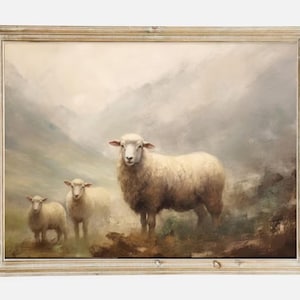 Vintage Sheep Painting Art Print: Farmhouse Meadow Landscape