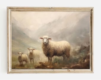 Vintage Sheep Painting Art Print: Farmhouse Meadow Landscape