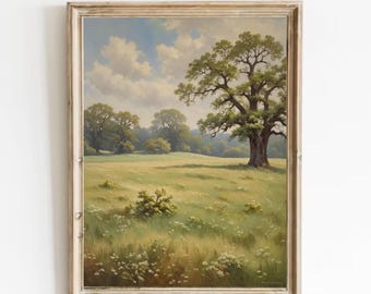 Vintage Oak Tree Field Painting: Rustic Country Landscape Art Print