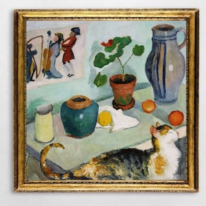 Bodegón con un gato pintura vintage cocina bodegón impresión gato impresión antigua flores bodegón pared arte granja o cocina arte de la pared