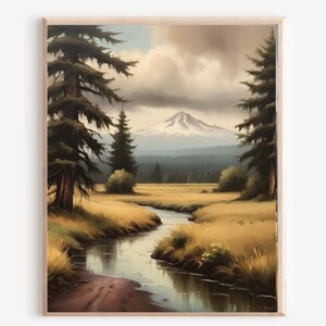 Mt Hood Painting Oregon Landscape Oil Painting Print Mountain River Art Pine Trees Art Oregon Neautral Nature Artwork Mountain Landscape Art