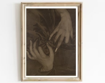Manos y dedal Vintage pintura impresión-mujer manos vintage arte de pared-arte antiguo minimalista-2 manos impresión antigua-dedal impresión vintage