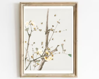 Blossoming Branch and Bees vintage Watercolor Print-Bees Vintage Print-Flowering Tree and Bees Vintage Watercolor Art Print-Spring Landscape