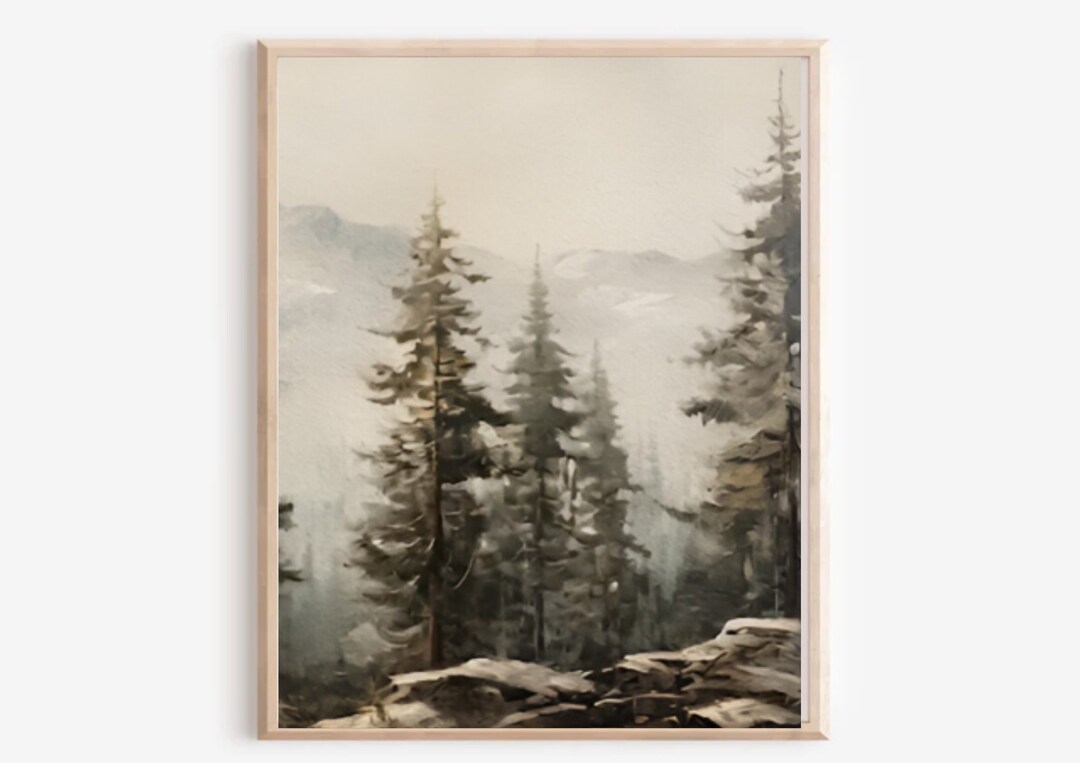 Foggy Pine Forest Print: Vintage Mountain Landscape Wall Art - Etsy