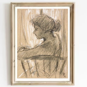 Woman in profile Vintage Sketch Portrait Print-seated Woman Antique Drawing Print-Woman Portrait Charcoal Drawing Print-Woman Vintage Sketch