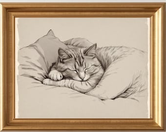 Sleeping Cat Sketch Art Print: Vintage Kitten Pencil Drawing