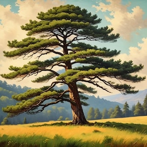 Pine Tree Landscape Print: Impasto Oil Painting, Neutral Nature Art