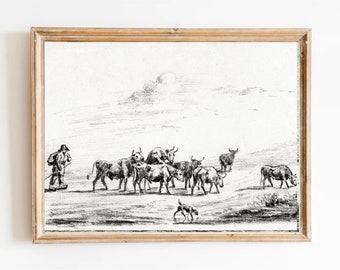 Cows painting Vintage sketch art print Cow driver antique drawing Cow driver with a group of cattle by Jean Bernard (1775-1883) Farmer Art