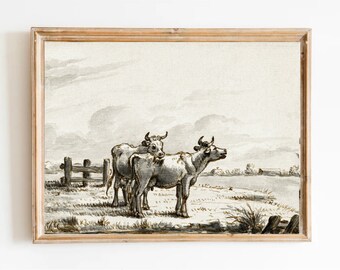 Cow Painting Vintage Sketch Art Print Two cows in the pasture by Jean Bernard (1775-1883) Farm Animals Painting Cows Drawing Animals Sketch