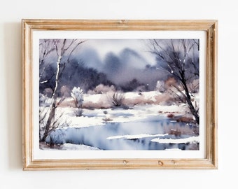 Winter Forest River Landscape Watercolor Painting Columbia Gorge Winter Landscape Print Mountain River Print Panoramic Large Winter Wall Art