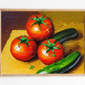 May include: A still life painting of three red tomatoes and two green cucumbers on a yellow surface. The tomatoes have green stems and leaves. The cucumbers are arranged diagonally.
