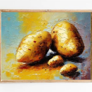 May include: A painting of four potatoes on a yellow and blue background. The potatoes are painted in a realistic style with a textured brushstroke.