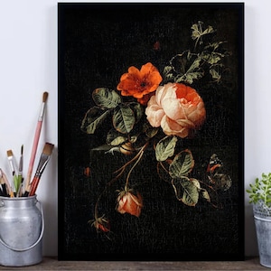 Moody Roses Vintage Oil Painting-Dark Academy Art-Still Life with Roses Print-Kitchen or Living room Botanical Antique Print-Roses Painting