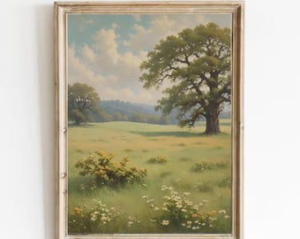 Vintage Oak Tree Field Painting: Rustic Country Landscape Art Print