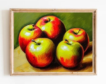 Mele pittura a olio stampa artistica di mele pittura di frutta cucina natura morta cibo arte della parete mele rosse natura morta decorazione della parete della fattoria o della cucina