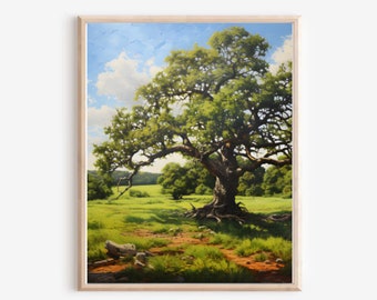 Oak Tree Meadow Art Print: Panoramic Landscape Painting