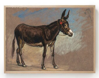 Vintage Donkey Art Print: Antique Farmhouse Animal Painting