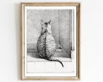 Vintage Cat Sketch Art Print: Antique Feline Portrait