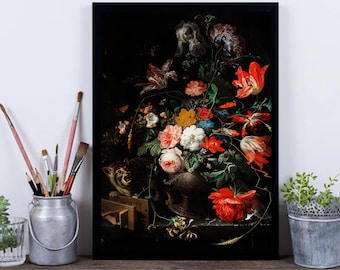 May include: A still life painting featuring a vase filled with a variety of colorful flowers, including red tulips, white roses, and purple irises. A cat is peeking out from behind the vase, and a small wooden box is in the foreground.
