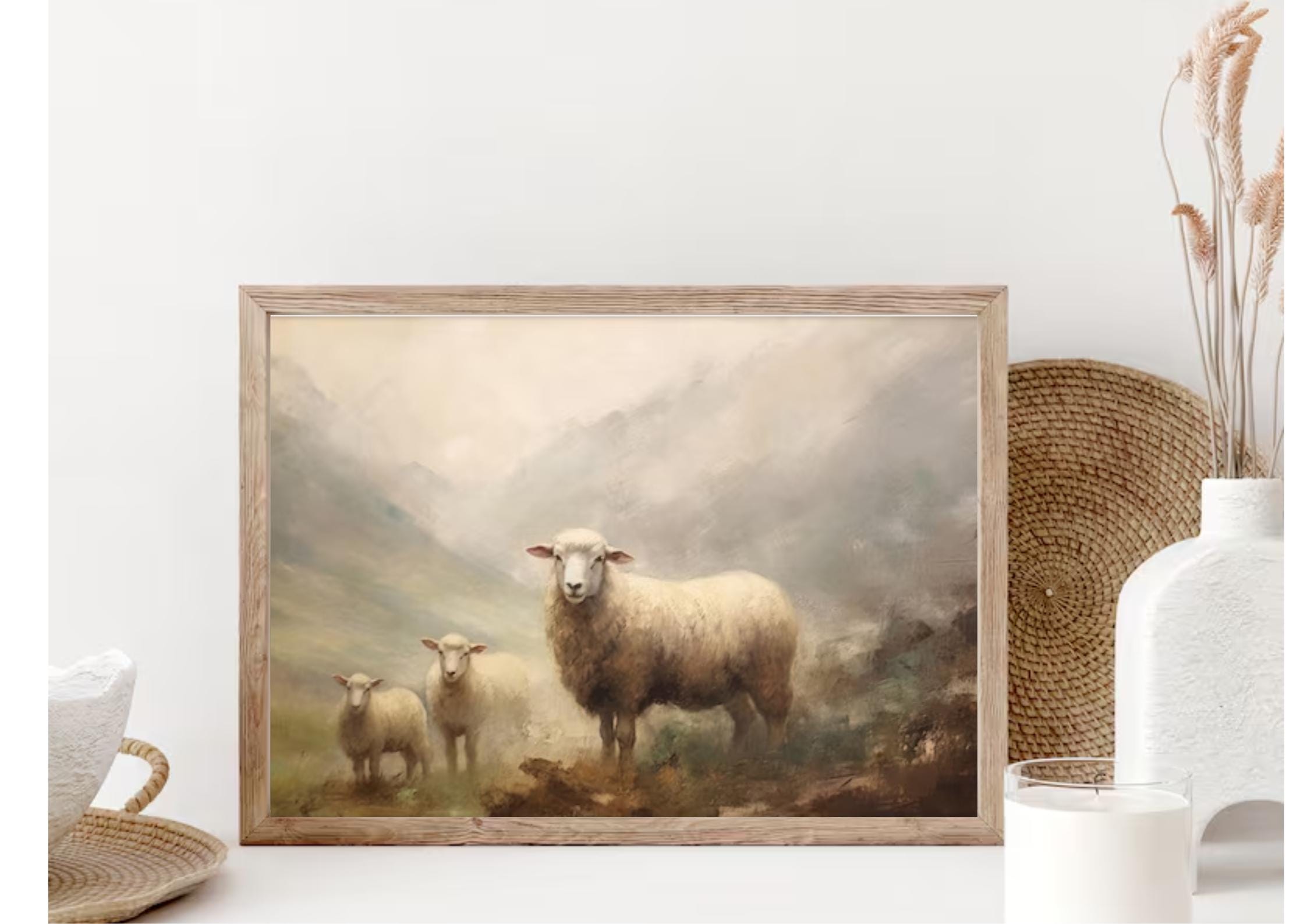Vintage Sheep Painting Art Print: Farmhouse Meadow Landscape - Etsy
