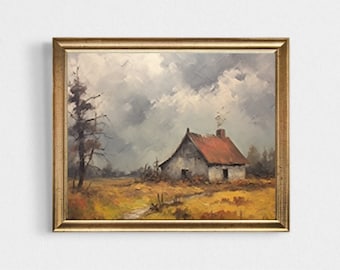 Farmhouse Wheat Field Oil Painting: French Country Vintage Art Print