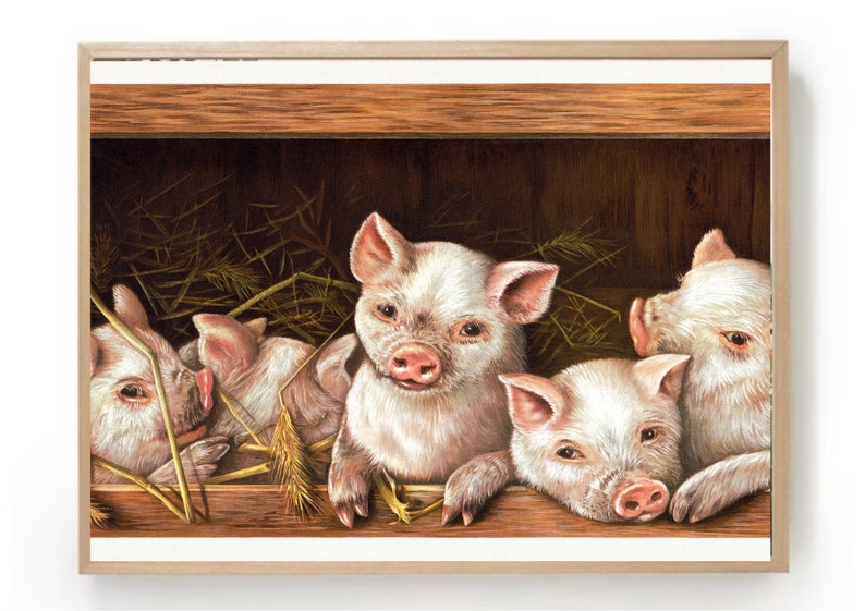 Piglets Vintage Oil Painting Pigs Vintage Art Print Farm Animals Vintage Print-Country Animals Vintage Print-Countryside Art Farmhouse Art image 2