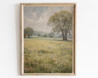 Vintage Oak Tree Field Painting: Rustic Country Landscape Art Print