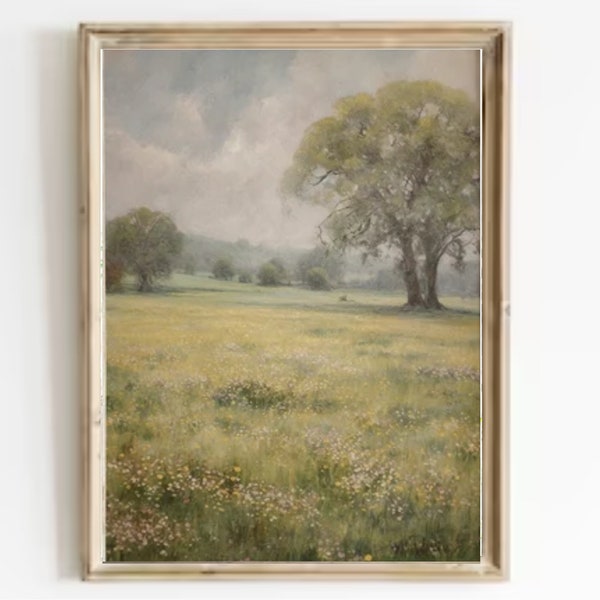 Old Oak In Field Painting Vintage Moode Art Print Tree in Meadow Oil Wall Art Panoramic Foggy Country Landscape Rustic Wall Decor Oak Print