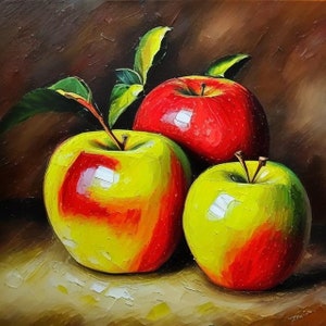 Apple Painting Three Apples Oil Art Print Still Life Wall Art Fruit Painting Kitchen Still Life with Apples Art Kitchen Wall Decor Food Art