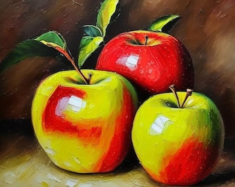 Three Apples Oil Painting Art Print: Kitchen Still Life Wall Decor
