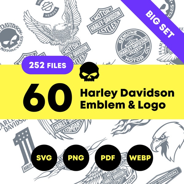 Harley Davidson 60+ Emblem & Logo SVG Bundle. Motorcycle Logo Bundle set SVG, Png, WebP, Pdf. Skull. Moto Sign SVG. Willie G Skull