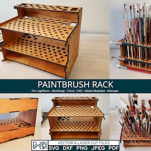 May include: A wooden paintbrush rack with three shelves and a grid of holes for holding paintbrushes. The rack is made of light brown wood with black edges. The rack is shown with a variety of paintbrushes in the holes.