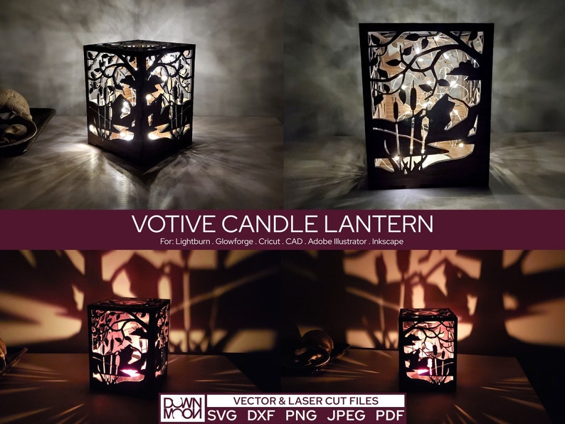 May include: A black votive candle lantern with a cut-out design of a tree and reeds. The lantern is lit with a candle inside, casting a warm glow on the surrounding area. The text "VOTIVE CANDLE LANTERN" is displayed above the lantern, and the text "VECTOR & LASER CUT FILES SVG DXF PNG JPEG PDF" is displayed below the lantern.