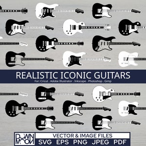 Accurate Guitar SVG Pack, Realistic Detailed Digital Vector and Image files of Iconic Guitars - 188 total files